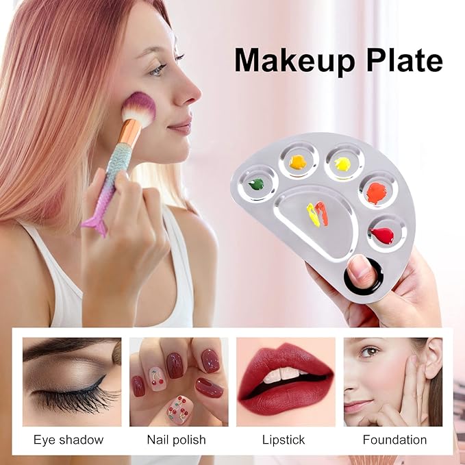 Stainless Steel Metal Makeup Palette with Spatula Artist Tool for Mixing Foundation Nail-Art, Cosmetic Makeup Palette, Makeup Plate, 6×4"/Silver/2pcs