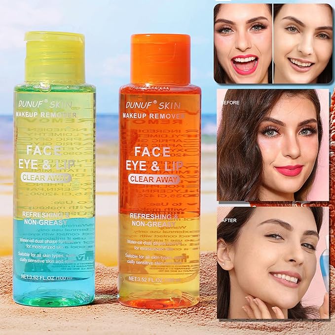 Oil-Free Dual Phase Makeup Remover – Gentle on Sensitive Eyes, Removes Waterproof Makeup | Moisturizing 3-in-1 Formula (100ml ORANGE)