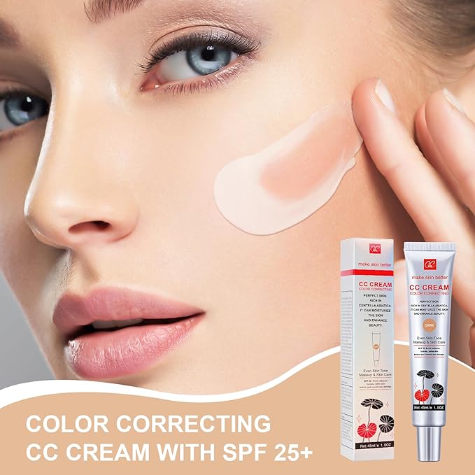 Color Correcting CC Cream with Powder Puff 【SPF 25】, Light & Hydrating CC Cream Foundation with Centella Asiatica, Multi-Purpose for Even Skin Tone, Refine Skin Texture, SPF Protection (Dark)