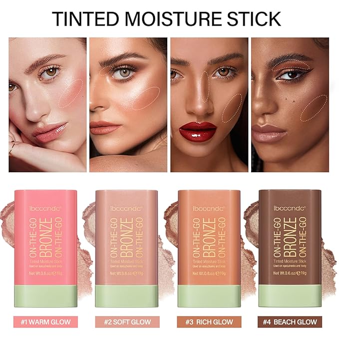 Cream Contour Stick, Face Shimmer Bronzer Stick, Blendable Natural Glow Highlighter Makeup Stick, Multi-Use Tinted Solid Moisturizer Stick,04 Beach Glow