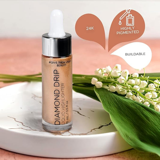 Diamond Drip Liquid Highlighter By Give Them Lala- Highly Pigmented Shimmer Highlighter For Face & Chest- Illuminator Drops For Diamond Sparkle- Glow Drops For Dewy Foundation, Cruelty-Free - (24K)