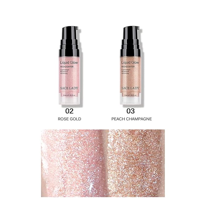 SACE LADY 2 Colors Liquid Highlighter Makeup Set Shimmer Shine Ultra-Smooth Radiant Illuminator Kit for Face Cheekbone Body Glow Bronzer Glitter Illuminating Highlighters Make-up, 2×0.2Fl Oz
