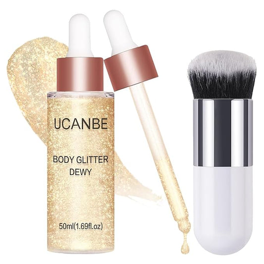 UCANBE Face Body Glitter Liquid Highlighter Illuminator Dewy Drops with Makeup Brush, Makeup Sparkle Shine Luminizer Enhancer Skin Tint 50ml/1.69oz (01 Champagne Gold, Standard)
