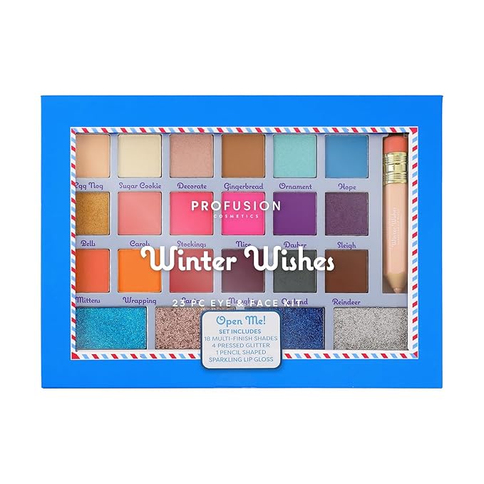 Profusion Cosmetics Winter Wishes 23 PC Eye and Face Kit, Features 18 Multi Finish Shades, 4 Pressed Glitter and 1 Pencil Lipgloss for Winter Wow Looks