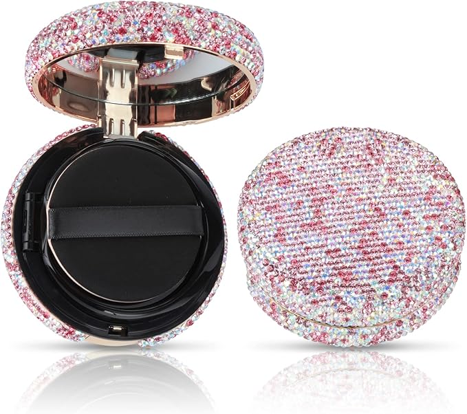 KEYPOWER Makeup Powder Compact Empty Container with Bling Diamond Design, Pink, for Home, Travel/On-the-go, Professional Use