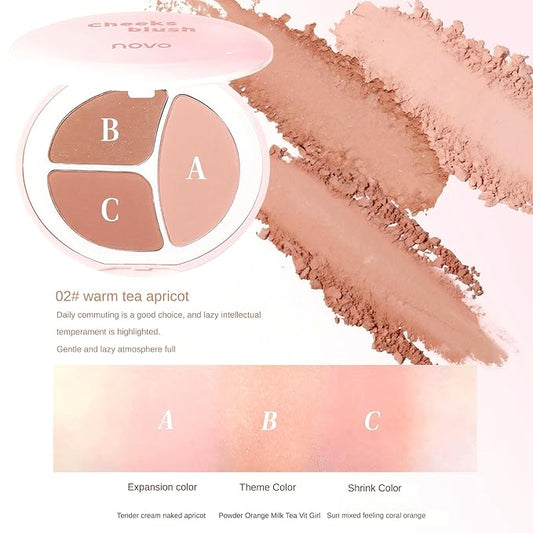 Novo 3-Color Blush Palette - Silky Smooth, Buildable Formula, Natural Radiant Glow, Long-Lasting, No Caking, Suitable for All Skin Tones (02# Warm Tea Apricot, Net Weight: 7.4g)