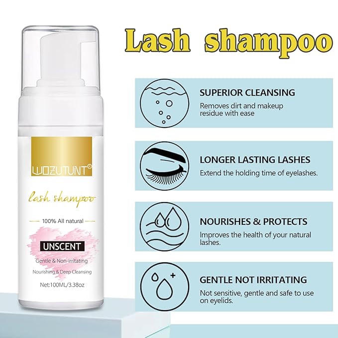 3.38OZ Eyelash Extension Cleanser Lash Mousse Unsent Lash Shampoo for Extensions, Natural Lashes Makeup & Mascara Remover Professional & Self