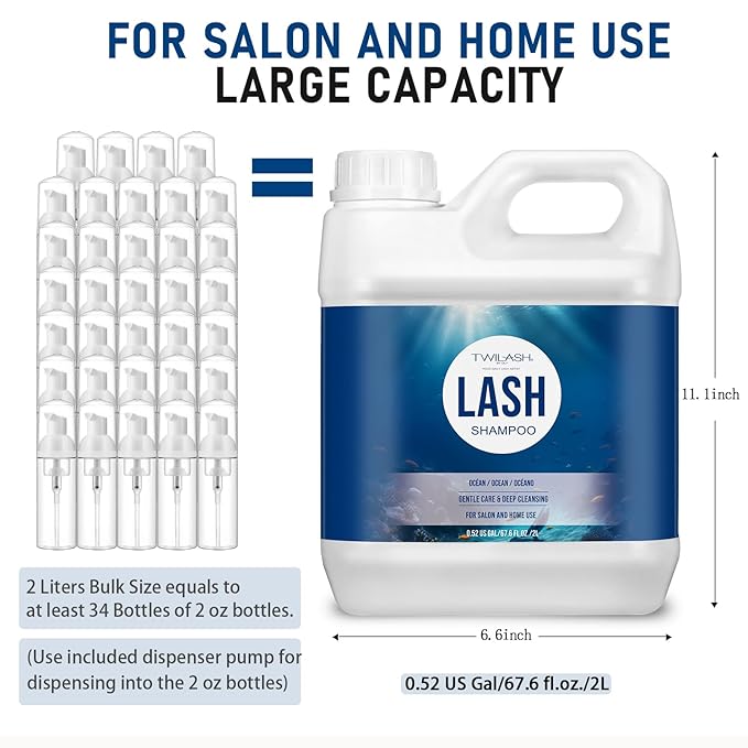 Lash Shampoo Bulk, Eyelash Cleanser for Extensions 2 Liters, Dispenser Pump, Safe Makeup Remover, Non-irritating or Burning Eyelid Foaming Cleanser for Professional Salon and Home Use (Ocean-2L)