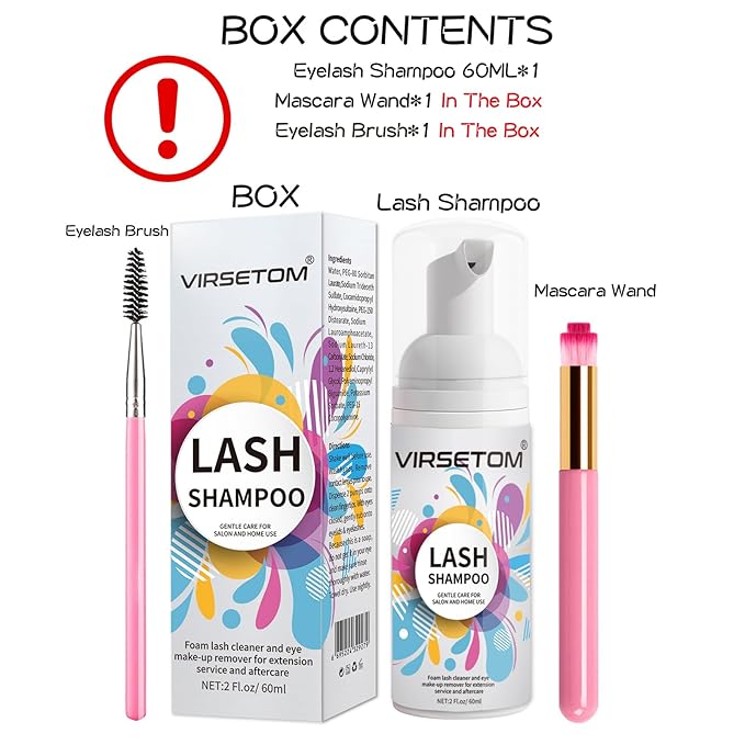 Vemofoper Lash Shampoo for Lash Extensions, Eyelash Extension Cleanser 60ml + Rinse Bottle + Brushes, Lash Bath for Eyelash Extensions, Lash Cleaner, Paraben & Sulfate Free, Salon and Home Use