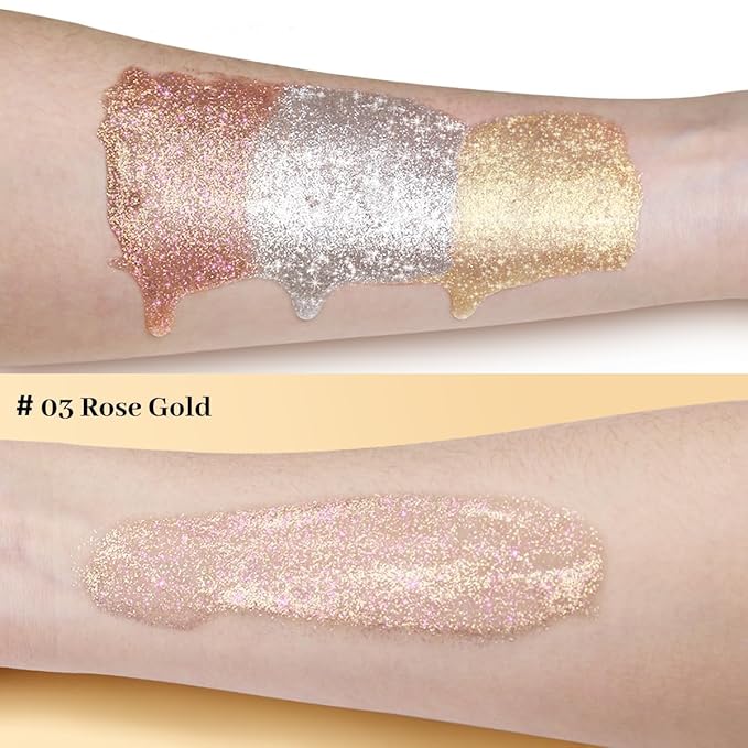 UCANBE Face Body Glitter Liquid Highlighter Illuminator Dewy Drops with Makeup Brush, Makeup Sparkle Shine Luminizer Enhancer Skin Body Shimmer Oil Tint 50ml/1.69oz (03 Rose Gold, Standard)