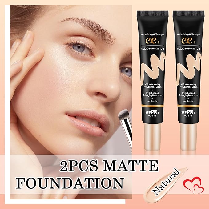 2PCS Full Coverage Concealer Foundation Set,Moisturizing BB Cream,Long Lasting Hydrating Lightweight CC Cream with Makeup Brush,Oil Control Face Moisturizer SPF 50 PA++++ Sunscreen(D)
