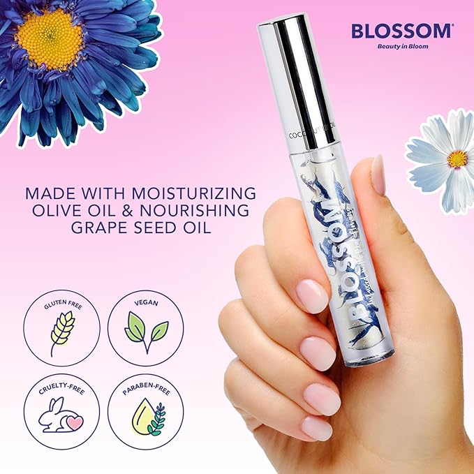 Blossom Lip Gloss & Lip Oil with Olive Oil + Grape Seed Oil, Moisturizing and Hydrating Shimmer Sparkle, Infused with Real Flowers, 3g, Coconut