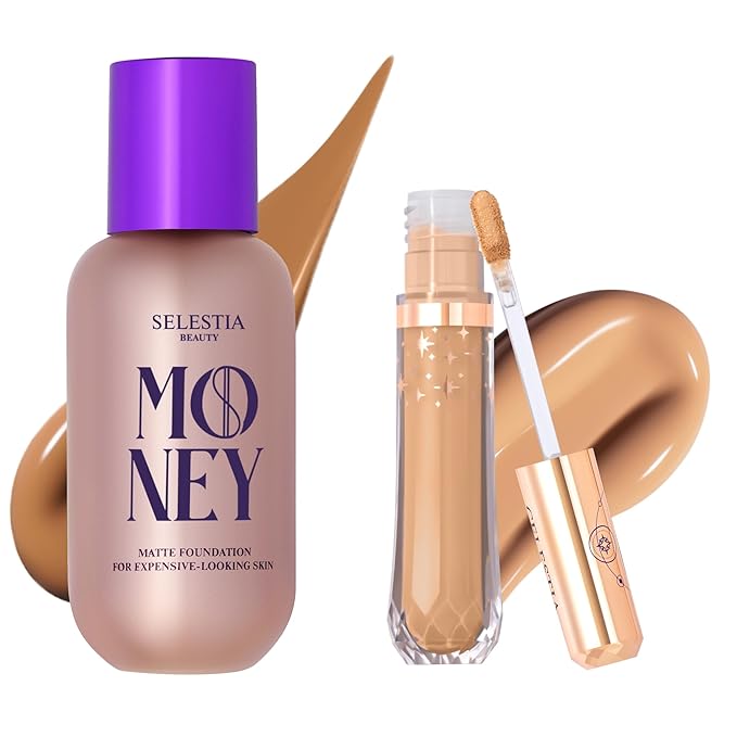 Liquid Foundation & Under Eye Concealer - Make Up Set for Flawless Warm Tone Skin Base - Matte Foundation (Almond) and Liquid Concealer (Panna Cota)