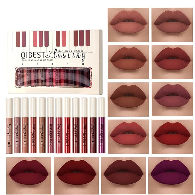 12Pcs Matte Liquid Lipstick Set, Dark Bright Red 24-hour Lip Gloss Kit Long-Lasting Waterproof Lip Stain Non-Stick Cup Not Lipgloss Set for Women