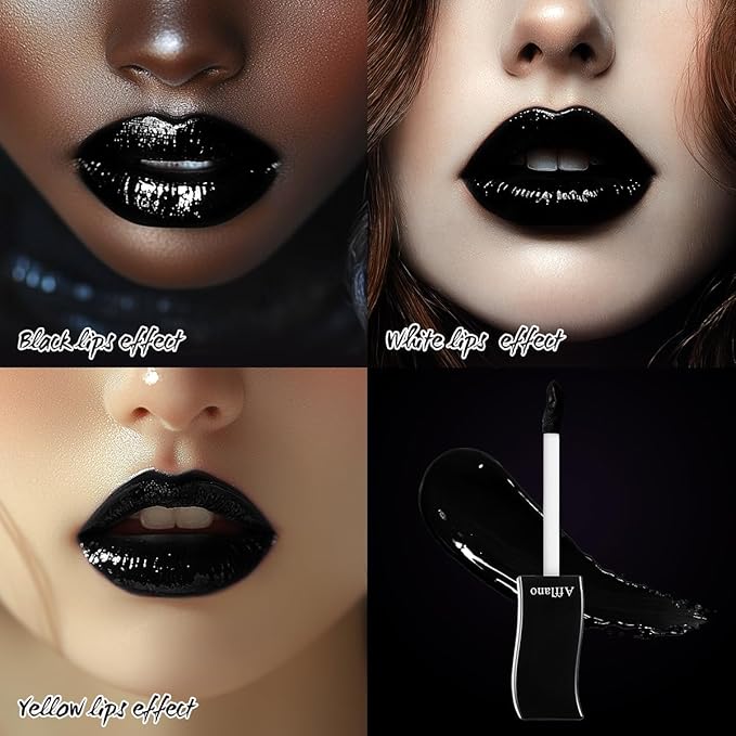 Black Liquid Lipstick - Full coverage Black Color Dark Gothic Transfer-Proof Lip Stain Hydrating Formula Waterproof Longwear Lip Gloss for Goth Makeup