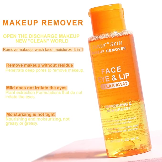 Oil-Free Dual Phase Makeup Remover – Gentle on Sensitive Eyes, Removes Waterproof Makeup | Moisturizing 3-in-1 Formula (100ml ORANGE)