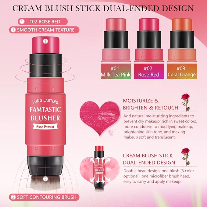 Cream Blush Stick for Cheeks - 2 in 1 Multi Makeup Blush with Brush for Cheeks Tint & Eyes & Lips, Waterproof Smooth Creme Texture, Long-lasting Wear All Day, #02 Rose Red