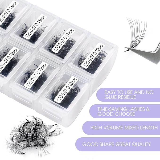1200 Fans Lash Extension Premade Fans Eyelash Extensions 9-20mm Mixed 12D Eyelash Extension D Curl Pointed Base Volume Lash Extensions Lash Extensions(1200PCS-12D-0.07-D, 9-20mm mixed tray)