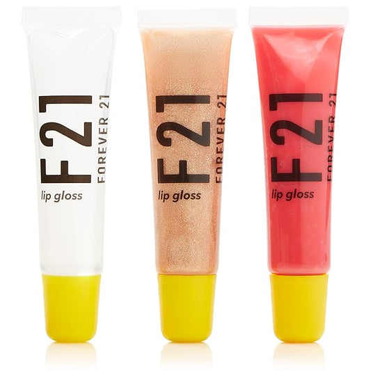 Forever 21 - F21 - Beauty Lip Gloss Set, Pack of 3 Tubes, Clear and Tinted Shades, Hydrating, Plumping, Non-Sticky Formula for Glossy Shine, Clearly/Angelic/Cherry