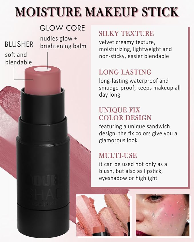 Cream Blush Stick for Cheeks-2Pcs Multi-Use Sandwich Makeup Blush Stick for Eyes Lips Face,Longlasting Tinted Matte Blush, Glow Blendable Blusher with Brush,Women's Day Gift for Women-01+06
