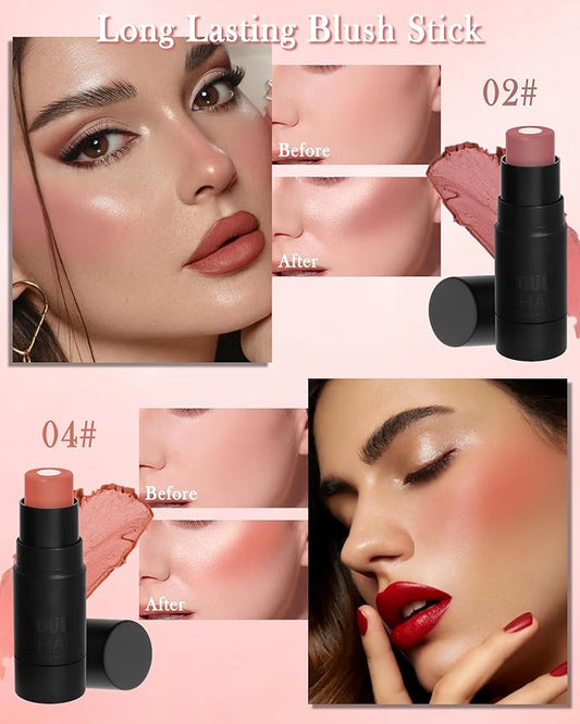 Cream Blush Stick for Cheeks-2Pcs Multi-Use Sandwich Makeup Blush Stick for Eyes Lips Face,Longlasting Tinted Matte Blush, Glow Blendable Blusher with Brush,Women's Day Gift for Women-02+04