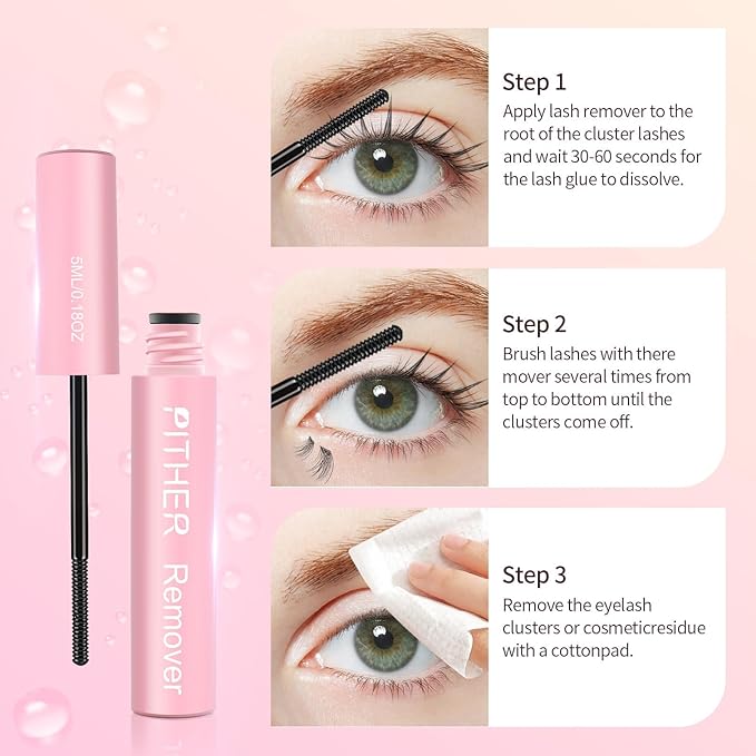 Lash Remover for Lash Extensions 10ml, Eyelash Glue Remover Self-Use at Home DIY Eyelash Extension Remover Non-irritating Soothing Oil Texture Lash Clusters Clear Remover PITHER