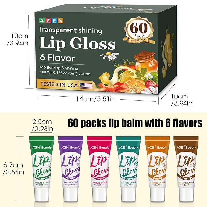 AZEN 60 Pack Lip Gloss Set, Clear Lip Gloss Bulk, Lip Oil for Dry Cracked Lips Moisturizing Hydrating Nourishing with Vitamin E