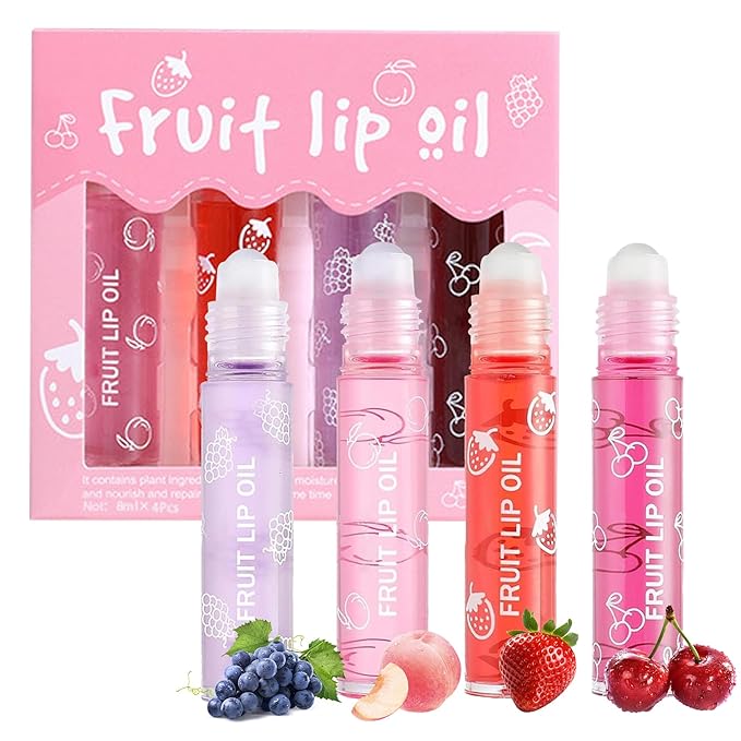 4PCS Roll On Lip Oil Set, Moisturizing Transparent Lip Glow Oil, Fruit Flavored Hydrating Roll On Plumping Lip Gloss Glossy Set, Long Lasting Non-sticky Shiny Lip Oil Makeup Gift Kit
