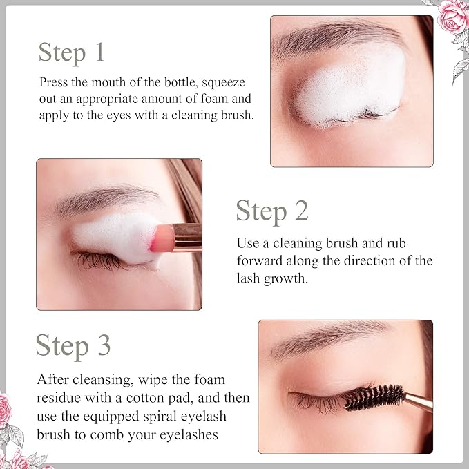 BREYLEE Eyelash Cleanser, Shampoo Foam & Brushes Eyelid Cleanser for Makeup Remover Paraben & Sulfate Free for Salon and Home Use(60ml, 2 fl oz)