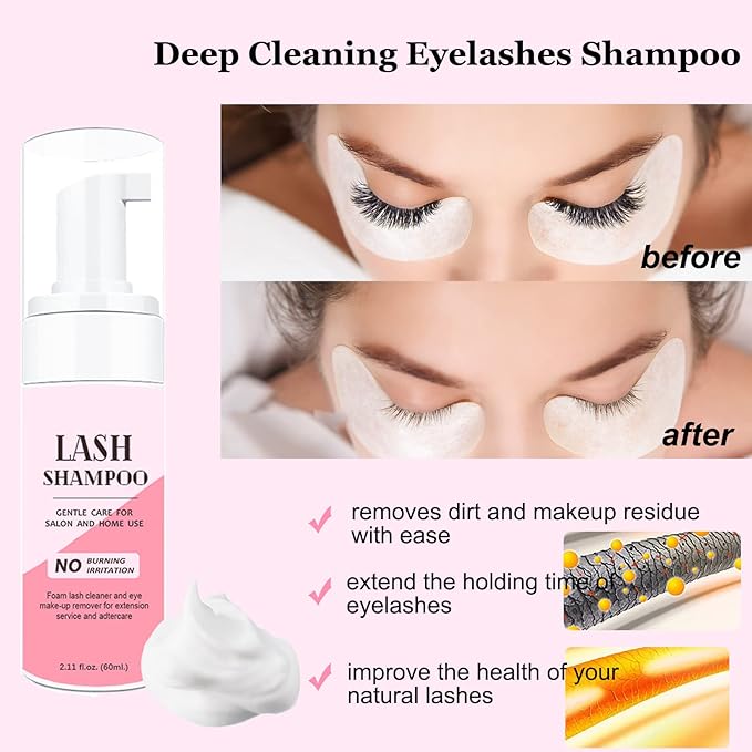 50ml Eyelash Extension Cleanser, Lash Shampoo for Lash Extensions 50pcs Eyelash Brush Cleaning Brush Makeup Remover Pad and Rinse Bottle for Lash Cleaning for Salon Home Use(Black