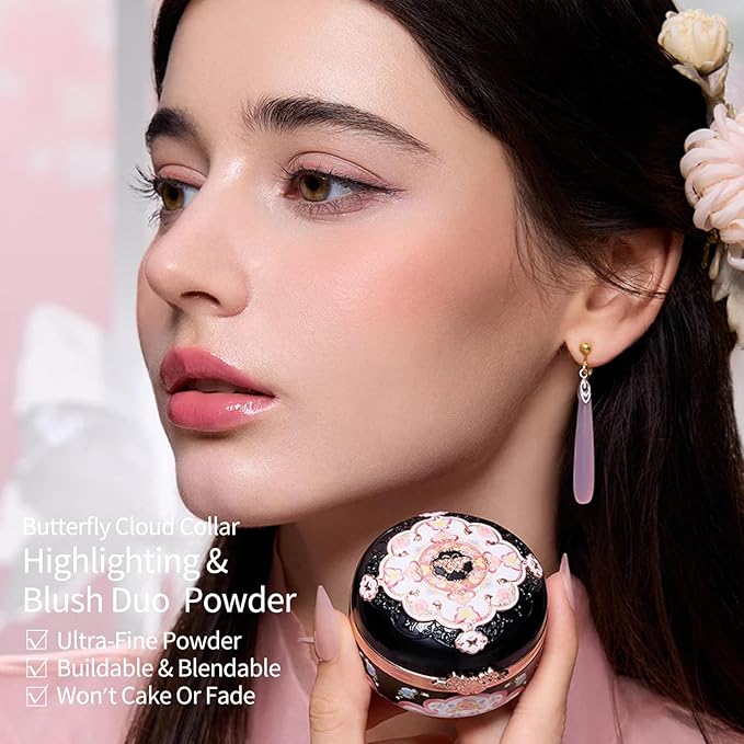 Flower Knows Butterfly Cloud Collar Rouge Box Highlighting & Blush Duo Powder 05 Pearwood+Butterfly Cloud Collar Angled Powder Brush Pearly Moonlight