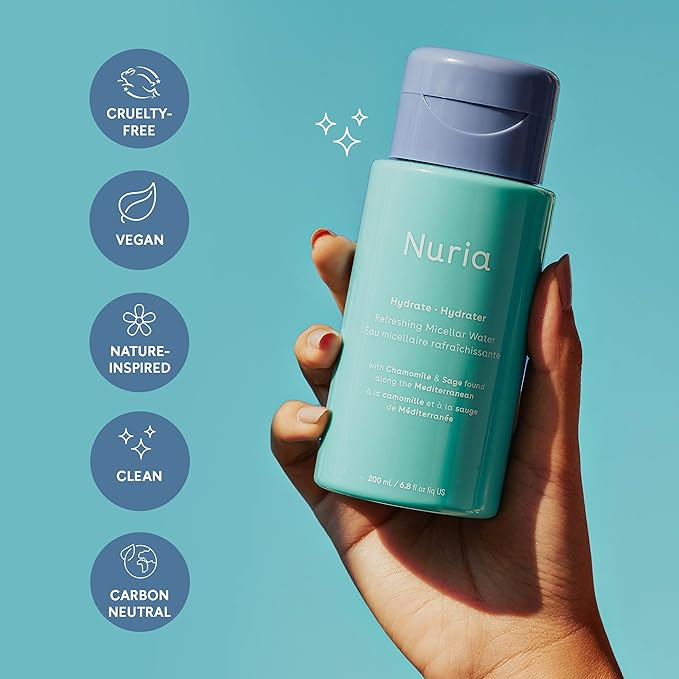 Nuria - Hydrate Refreshing Micellar Water, No-Rinse Makeup Remover Water with Sage Leaf Oil, Chamomile, and Aloe Leaf Juice, 200mL/6.8 fl oz