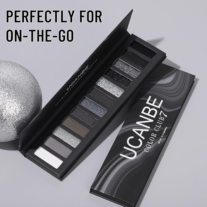 UCANBE Smokey Eyeshadow Palette, Dark Black White Gray Silver Natural Nude Matte Shimmer Eye Shadow Pallet for Smoky Emo Goth Makeup, 12 Color High Pigmented Long Lasting Waterproof Pallete with Brush