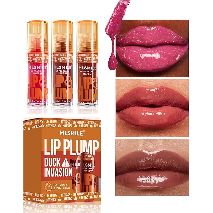 3 Colors Duck Lip Plumper Gloss, Korean Glitter Gloss for Fuller Lips | Hydrating, Non-Sticky Tinted Lip Balm Set (Set B)