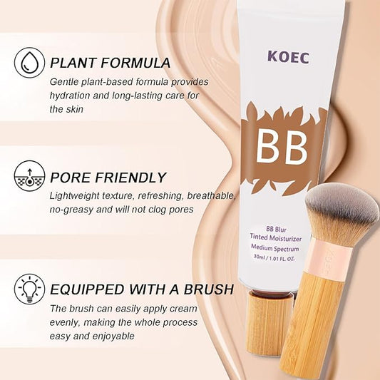 BB Blur 𝐓𝐢𝐧𝐭𝐞𝐝 Moisturizer SPF 30, BB 𝐓𝐢𝐧𝐭𝐞𝐝 Care Primer with Brush, BB Cream 𝐓𝐢𝐧𝐭𝐞𝐝 Moisturizer with SPF All-Day Wear, Full Coverage Light-Medium Skin - Long-Lasting Hydrating