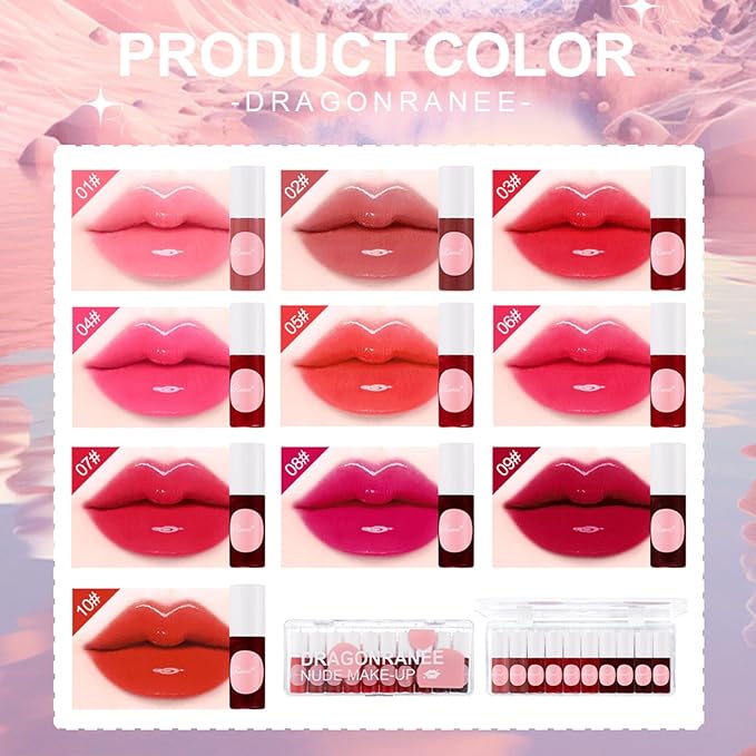 10 Colors Liquid Tint Stain, Korean Lip Gloss Moisturizing Natural Mini Liquid Lipstick, Multi-Use Lip and Cheek Tint, Lip Stain Long Lasting Waterproof, Non-Stick Cup
