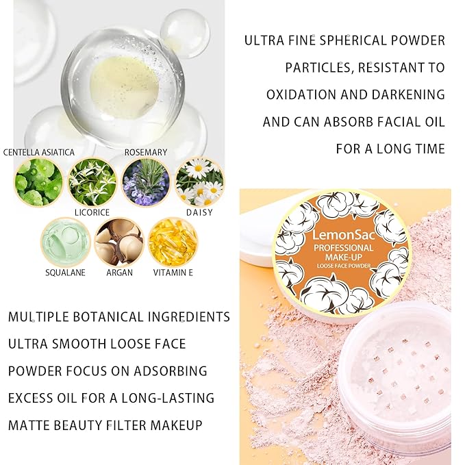 2PCS Loose Face Powder, Oil Control Minimizes Pores and Fine Lines, Baking Setting Powder Makeup, Soft Focus Effect Make Up Matte Ultra Flawless Finish,8g (01# Translucent)