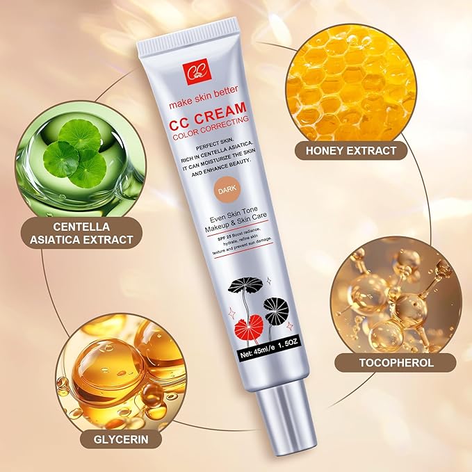 Color Correcting CC Cream with Powder Puff 【SPF 25】, Light & Hydrating CC Cream Foundation with Centella Asiatica, Multi-Purpose for Even Skin Tone, Refine Skin Texture, SPF Protection (Dark)