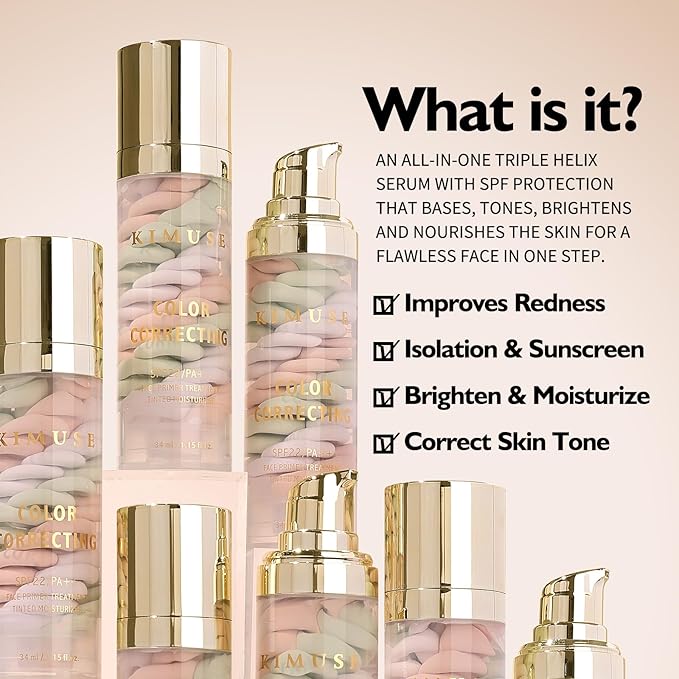 KIMUSE Color Correcting Facial Serum, One Step Color Corrector Tinted Moisturizer, Skin Tone Correcting and Brightening Makeup Primer, Hydrates, Balances & Nourishes Skin, Natural Finish