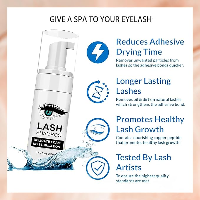 60ml Lash Shampoo - Lash Cleaning Shampoo Kits, Shampoo for Lash Extension & Home Salon Care, 50Pcs Mascara Brushes+ Nose Brush+Rinse Wash Bottle+Spa HeadWand, Lash Mousse for Eyelash Cleansing