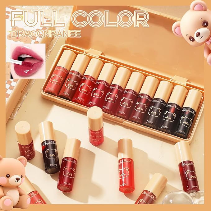 10 Colors Liquid Tint Stain Set, Korean Lip Gloss Moisturizing Natural Mini Liquid Lipstick, Long-Lasting & Non-Stick Cup, Multi-Use Lip and Cheek Tint Stain