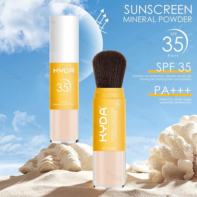 KYDA 2 Pcs Mineral Sunscreen Setting Powder, SPF 35, Medium, Mineral Brush Powder, Oil Control Natural Matte Finish, Lasting Lightweight Breathable, for All Skin