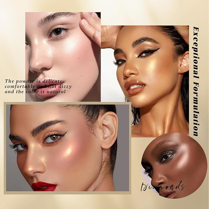 Multichrome Face Highlighter Palette Makeup, Blendable Shimmer High Glossy Natural Glow Highlighter Facial Illuminator Palette, Long Lasting Sparkling Baked Powder Highlighter Blush Makeup