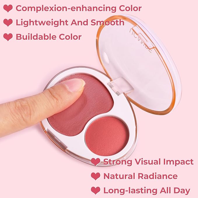 UCANBE Cream Dual Blush for Cheeks: Lightweight Buildable Blush Palette - Smooth Natural Blendable Makeup Blush - Long-lasting All-day Face Blush Contour Palette (02#Almond)
