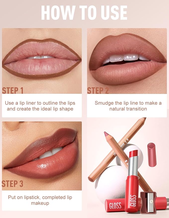 2 Pcs Lipstick and Lip Liner Set Hydrating Lip Tint Non-Sticky Lightweight Lip Balm Plumping Lip Kit for Women Matte Lip Pencil Long Lasting Gradient Glossy Lip Combo with Sharpener, 05