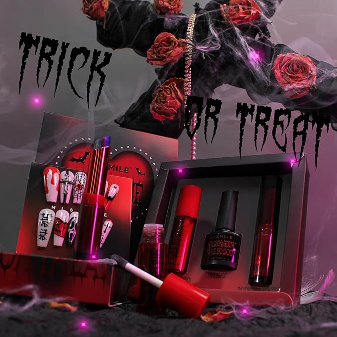 Halloween Makeup Kit,Halloween Press On Nail With Tools,SFX Make up Set Fake Blood Cream,Powder Lipstick,two-tone eyeshadow,2024 New Halloween Party Supplies