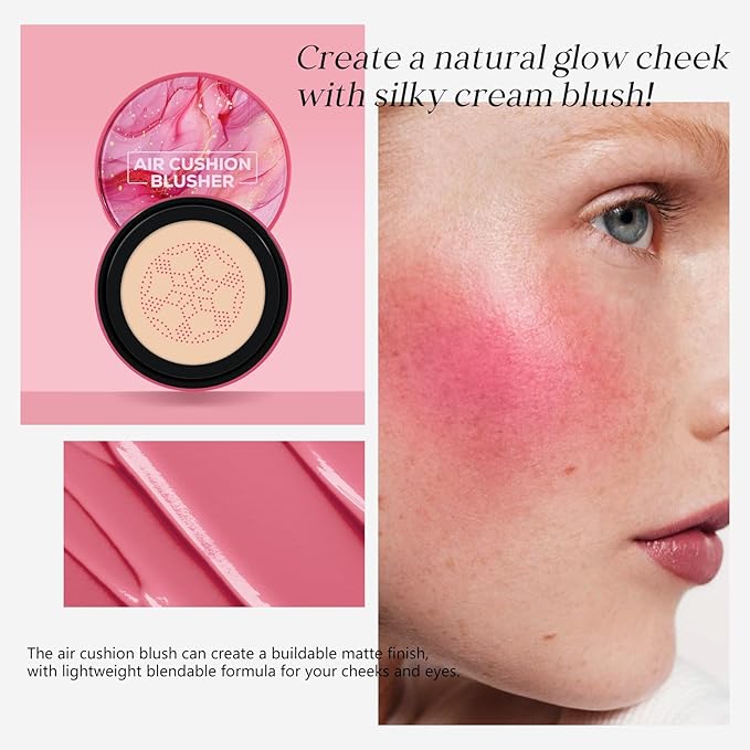 KYDA Air Cushion Blush, Mushroom Head Air Cushion Blusher, Natural Glow Liquid Blusher for Cheeks and Eyes, Buildable Matte Coverage, Lightweight Blendable, Silky Cream Blush Makeup, 01 Sweet Pink
