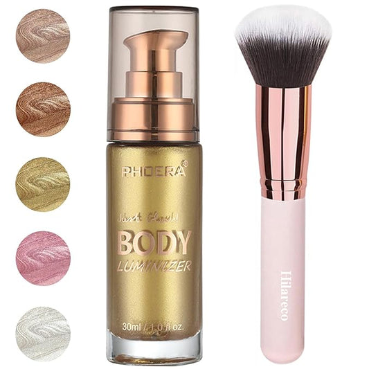 PHOERA Body Shimmer Oil,Waterproof Long Lasting Moisturizing Body Luminizer Glow Body Illuminator Highlighter for Face with Makup Bursh, 1oz/Jars (102 Metallic Gold)