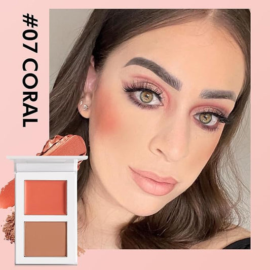 Face Blusher Palette with Two Toned Matte Finish and Cream Shades,Waterproof Long Lasting Lightweight Blush Powder Pink Coral Blushing Pallet with Mirror Women Makeup Set #7