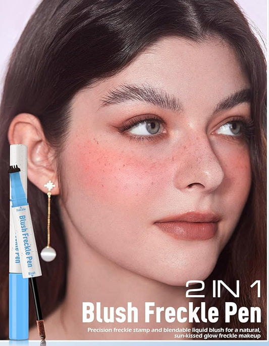 Freckle Pen Blush 2 in 1 Lifelike Dark Brown Freckle Stamp Coral Orange Liquid Blush for Cheeks Quick Dry Fake Freckles Long Lasting Faux Freckles Tattoo Marker for Natural Sunkissed Makeup